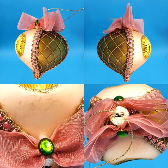 Indent Glass Teardrop Ornaments Gold Harlequin Pattern Tulle Ribbon Pink Trim 2 - Picture 5 of 10